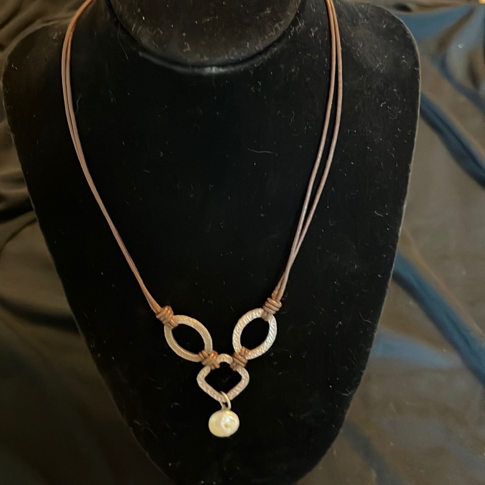 Brown leather and silver necklace